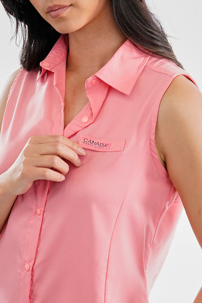 Canada Weather Gear Sleeveless Button Up Collared Shirt - Pink - Womens Shirts & Blouses - Fairweather