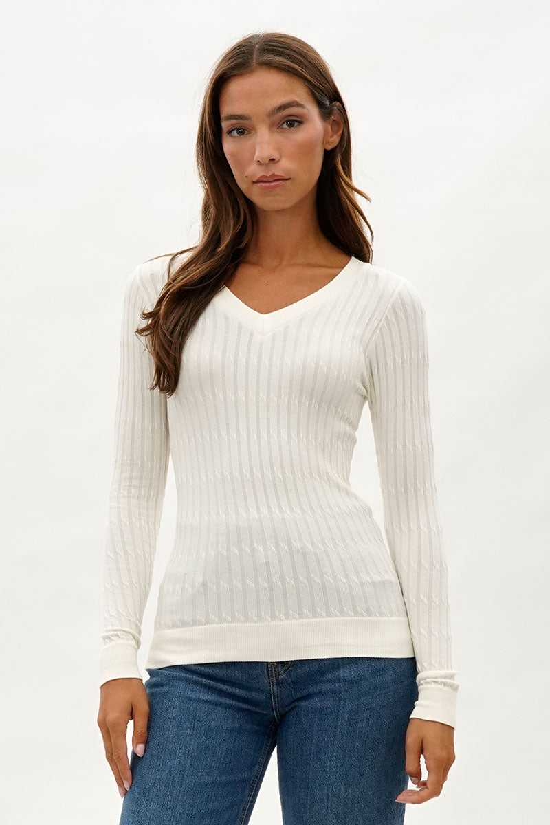 International INC Company Ribbed V-Neck Long Sleeve Top - White - Womens Long Sleeve Tops - Fairweather
