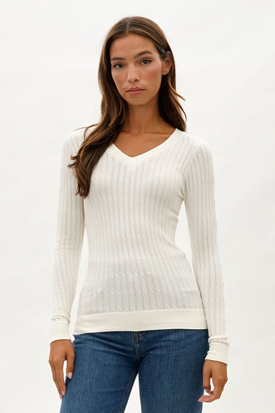 International INC Company Ribbed V-Neck Long Sleeve Top - White - Womens Long Sleeve Tops - Fairweather