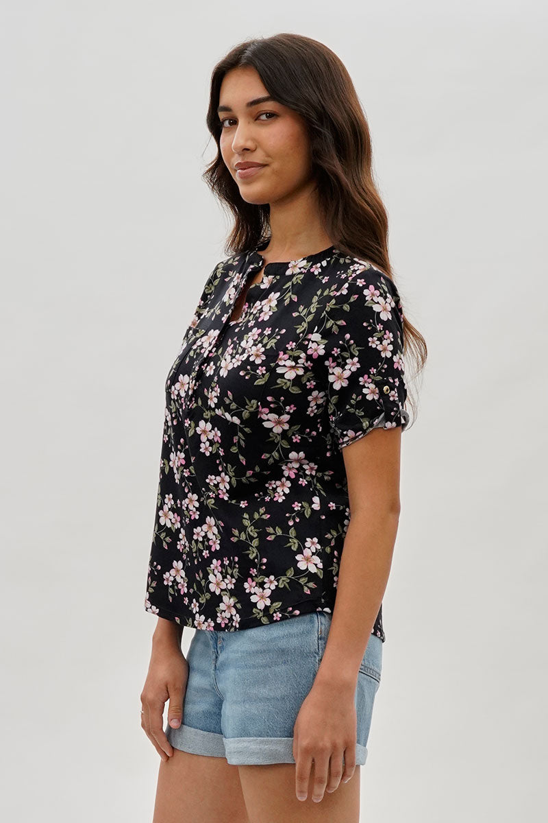 International INC Company Floral Short Sleeve Blouse - Black - Womens Shirts & Blouses - Fairweather
