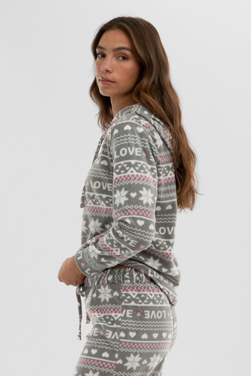 Canada Weather Gear Festive Print Hooded Pajama Top - Grey - Womens Pajamas - Fairweather