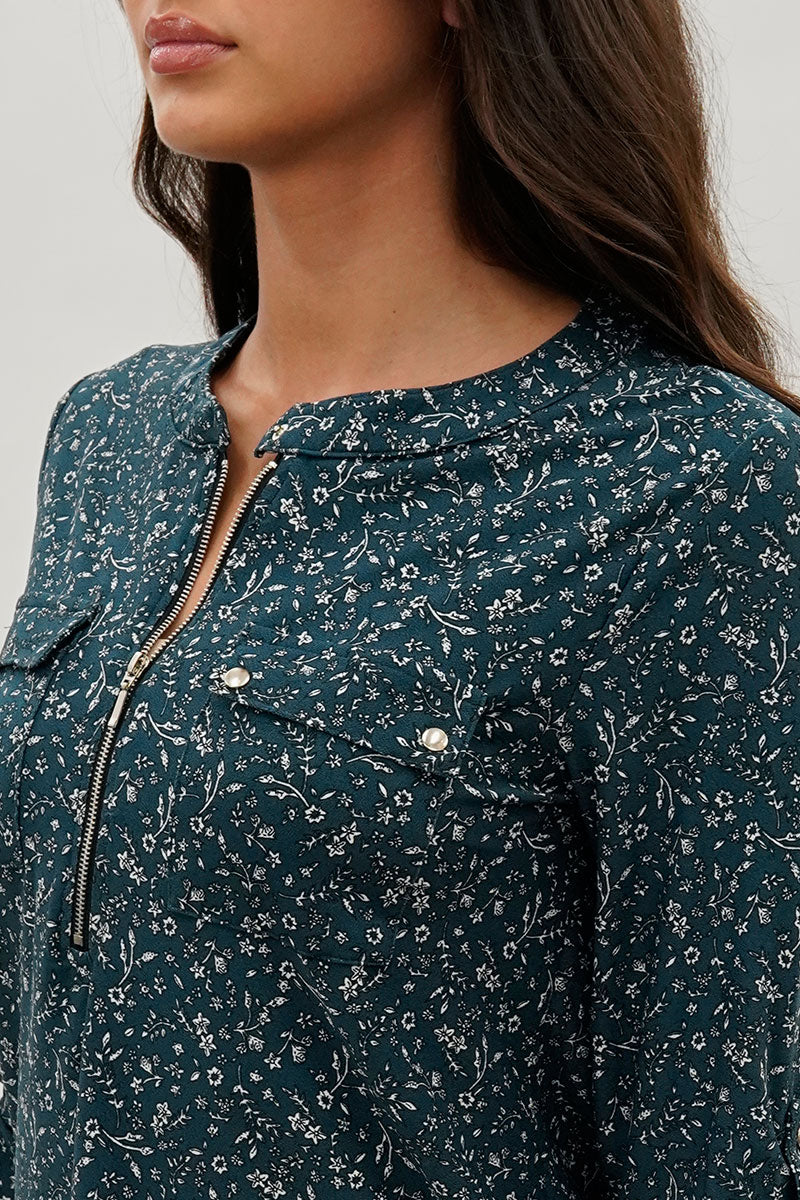 International INC Company Floral Half Zip Blouse - Teal - Womens Shirts & Blouses - Fairweather