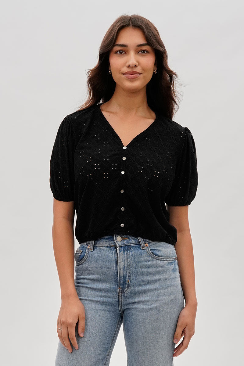 Beechers Brook Button Down Eyelet Blouse - Black - Womens Shirts & Blouses - Fairweather