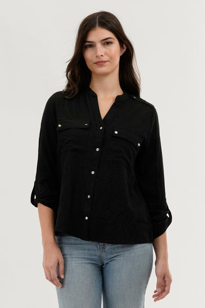 Runaway Bay Roll Up Sleeve Utility Pocket Blouse - Black - Womens Shirts & Blouses - Fairweather