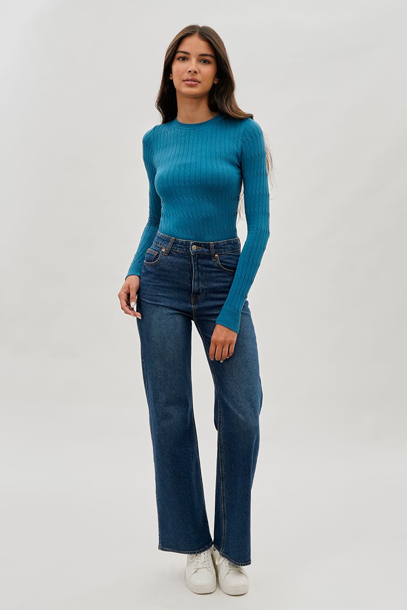 International INC Company Ribbed Crewneck Long Sleeve Top - Blue - Womens Long Sleeve Tops - Fairweather