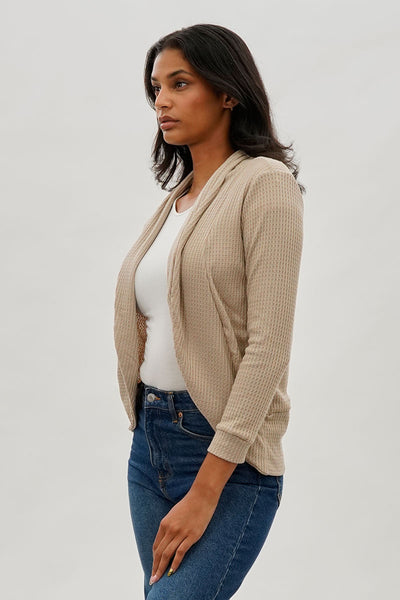 Fahrenheit Waffle Knit 3/4 Sleeve Cardigan - Beige - Womens Cardigans - Fairweather