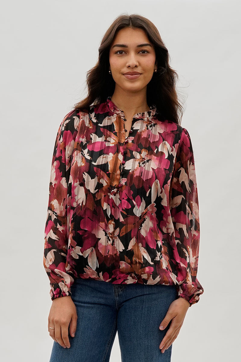 Costa Blanca Floral Ruffle Neck Blouse - Burgundy - Womens Shirts & Blouses - Fairweather