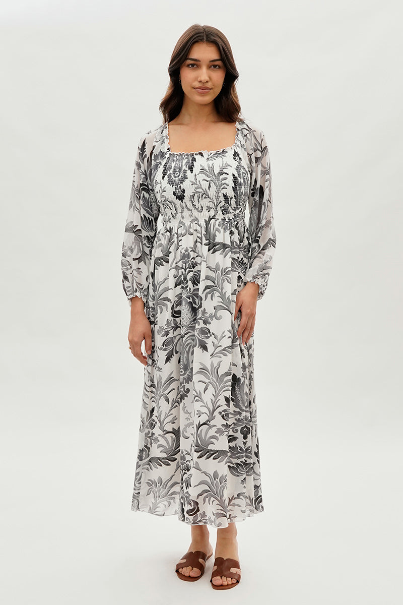 Costa Blanca Floral Smocked Long Sleeve Maxi Dress - Grey - Womens Maxi Dresses - Fairweather