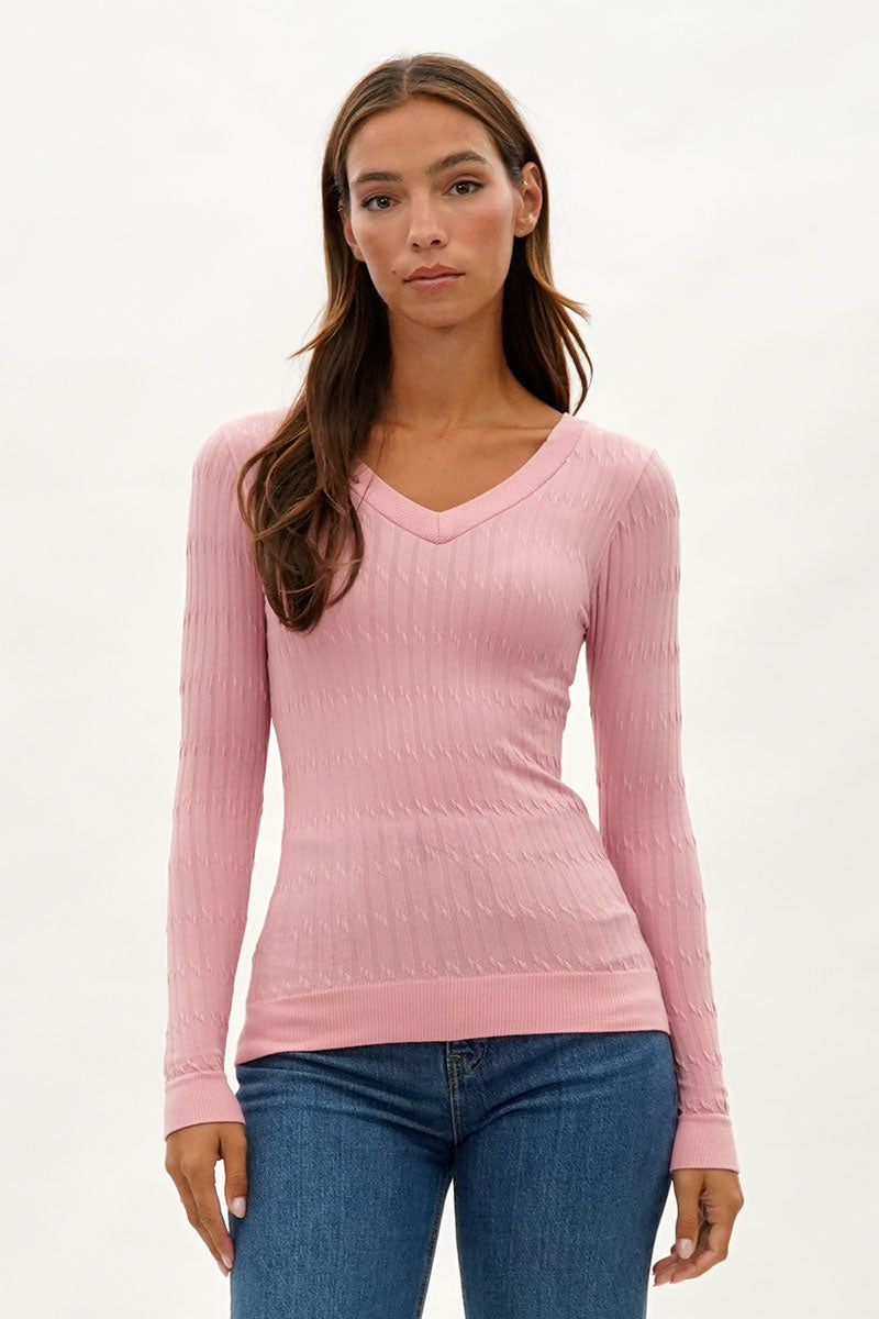 International INC Company Ribbed V-Neck Long Sleeve Top - Pink - Womens Long Sleeve Tops - Fairweather