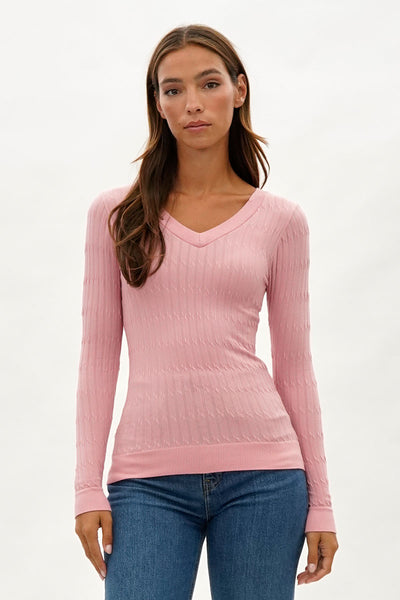 International INC Company Ribbed V-Neck Long Sleeve Top - Pink - Womens Long Sleeve Tops - Fairweather