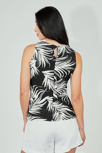Beechers Brook Leaf Print Cinched Collar Tank Top - Black - Womens Tees & Tank Tops - Fairweather