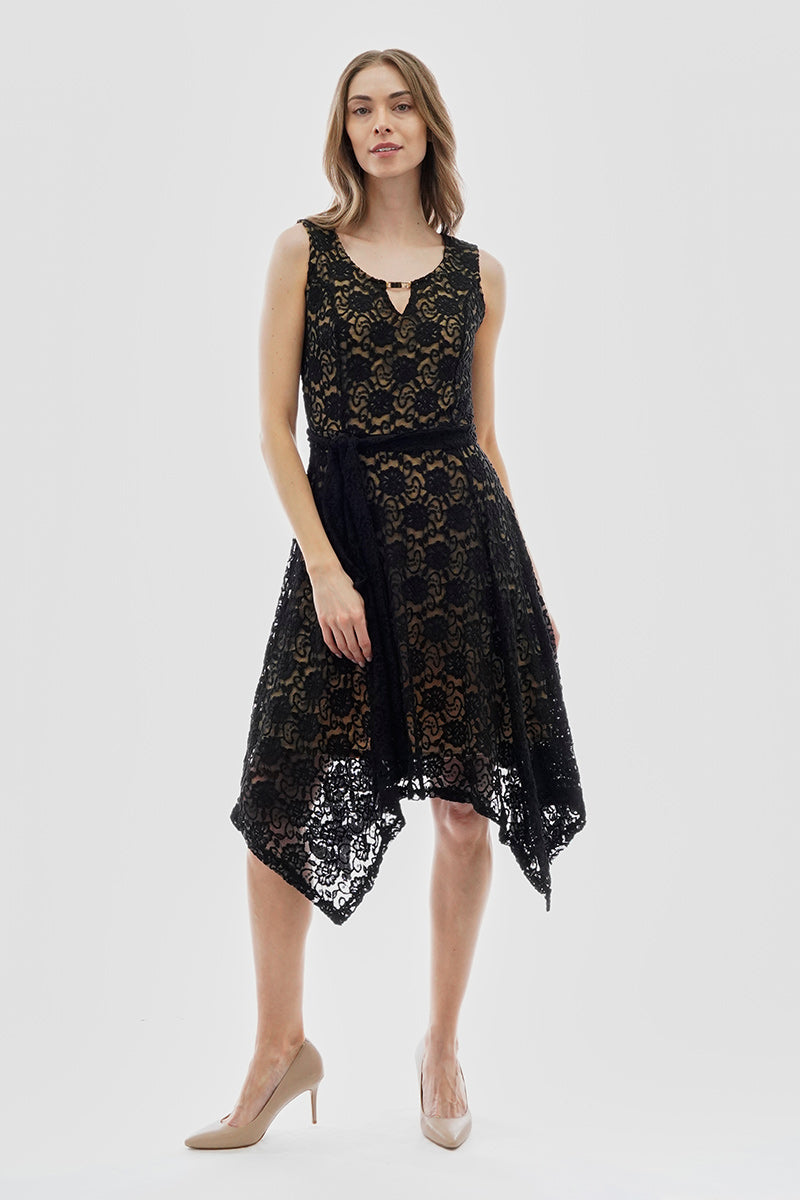 Costa Blanca Belted Lace Gold Bar Detail Day Dress - Black - Womens Cocktail Dresses - Fairweather