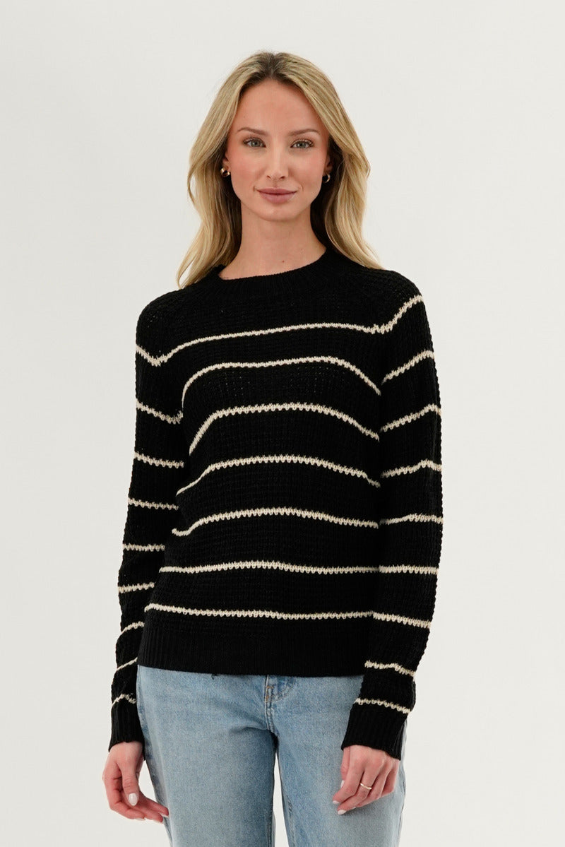 International INC Company Striped Knit Crewneck Pullover Sweater - Black - Womens Pullover Sweaters - Fairweather
