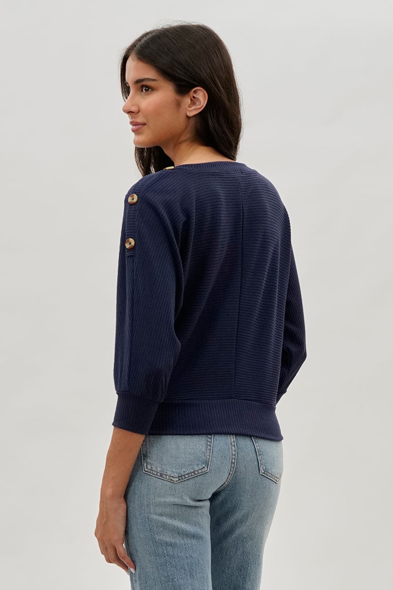 International INC Company Ribbed Button Detail Pullover Sweater - Navy - Womens Pullover Sweaters - Fairweather