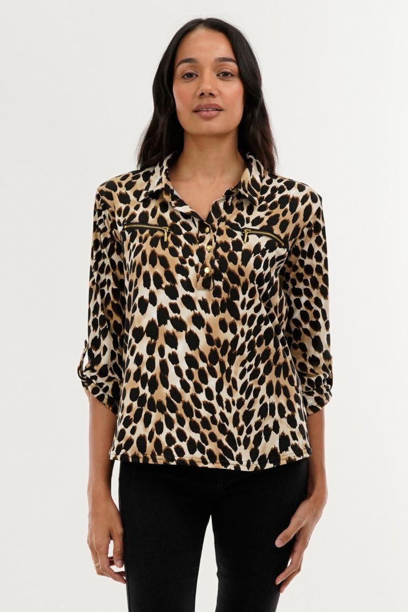 International INC Company Leopard Print Roll Up Sleeve Blouse - Beige - Womens Shirts & Blouses - Fairweather