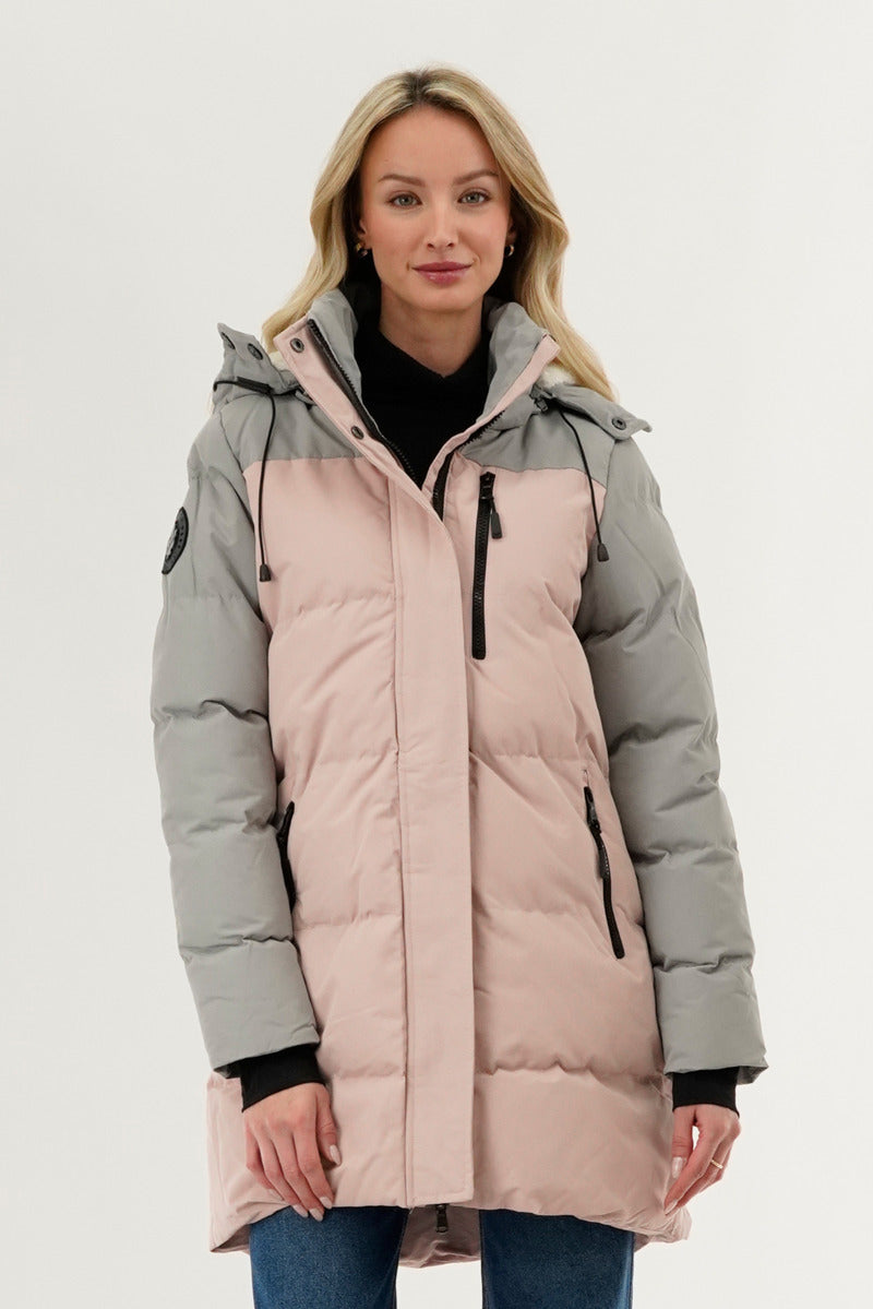 Camada Weather Gear Colour Block Puffer Parka Jacket - Pink - Womens Parka Jackets - Fairweather