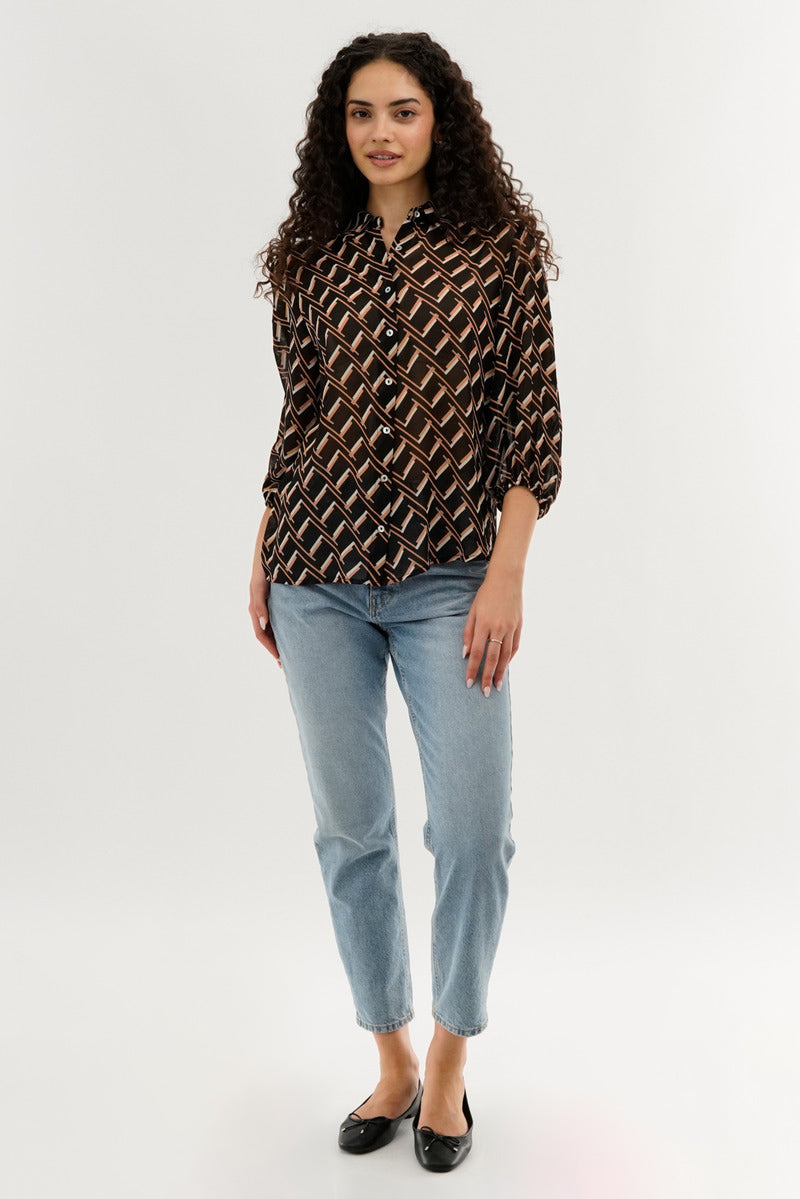 Costa Blanca Patterned Sheer Button Down Blouse - Black