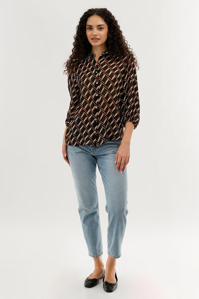 Costa Blanca Patterned Sheer Button Down Blouse - Black