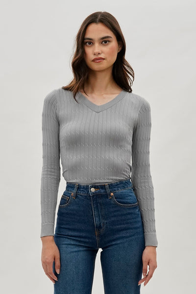 International INC Company Ribbed V-Neck Long Sleeve Top - Grey - Womens Long Sleeve Tops - Fairweather