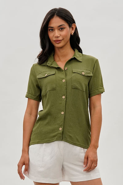 Stylexchange Vintage Button Down Short Sleeve Shirt - Green - Womens Shirts & Blouses - Fairweather