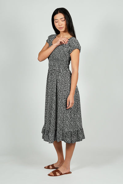 Beechers Brook Floral Short Sleeve Tiered Midi Dress - Black - Womens Midi Dresses - Fairweather