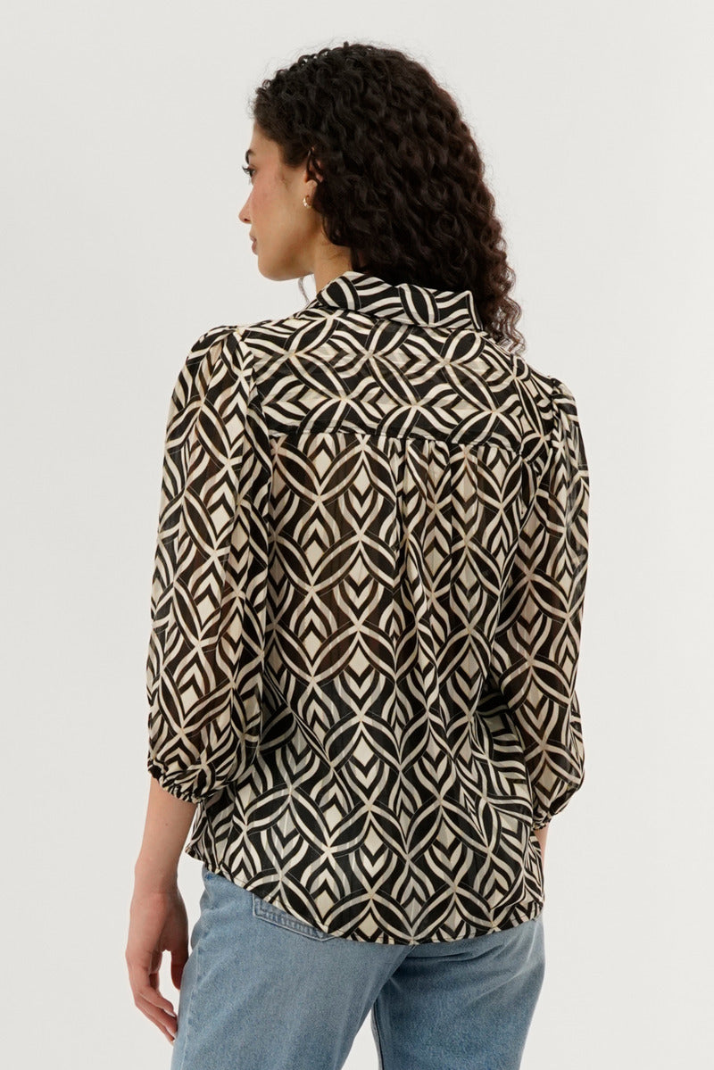 Costa Blanca Patterned Sheer Button Down Blouse - Cream - Womens Shirts & Blouses - Fairweather