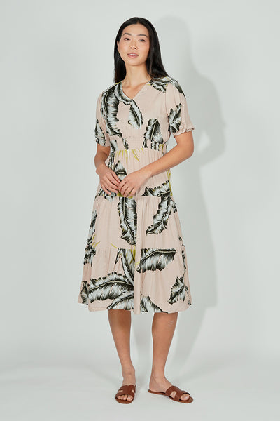 Limite Leaf Print Smocked Tiered Maxi Dress - Beige - Womens Maxi Dresses - Fairweather