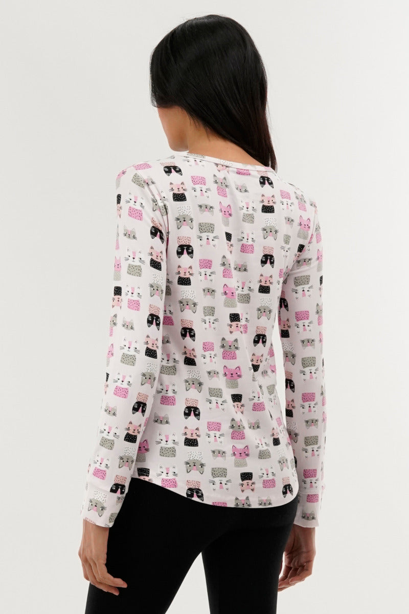 Canada Weather Gear Cat Print Henley Pajama Top - Blush - Womens Pajamas - Fairweather