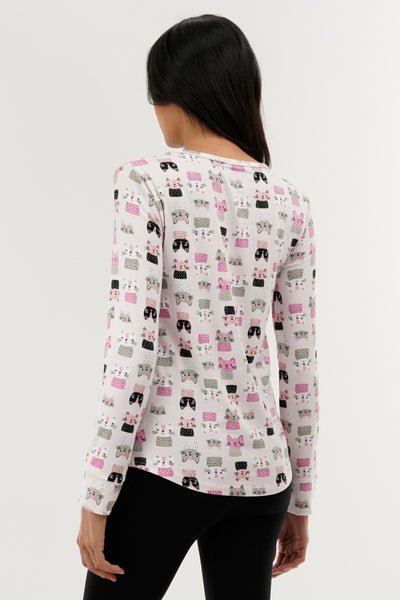 Canada Weather Gear Cat Print Henley Pajama Top - Blush - Womens Pajamas - Fairweather