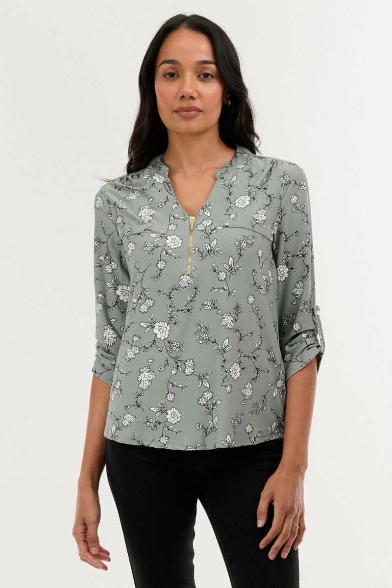 International INC Company Floral 1/4 Zip Blouse - Green - Womens Shirts & Blouses - Fairweather