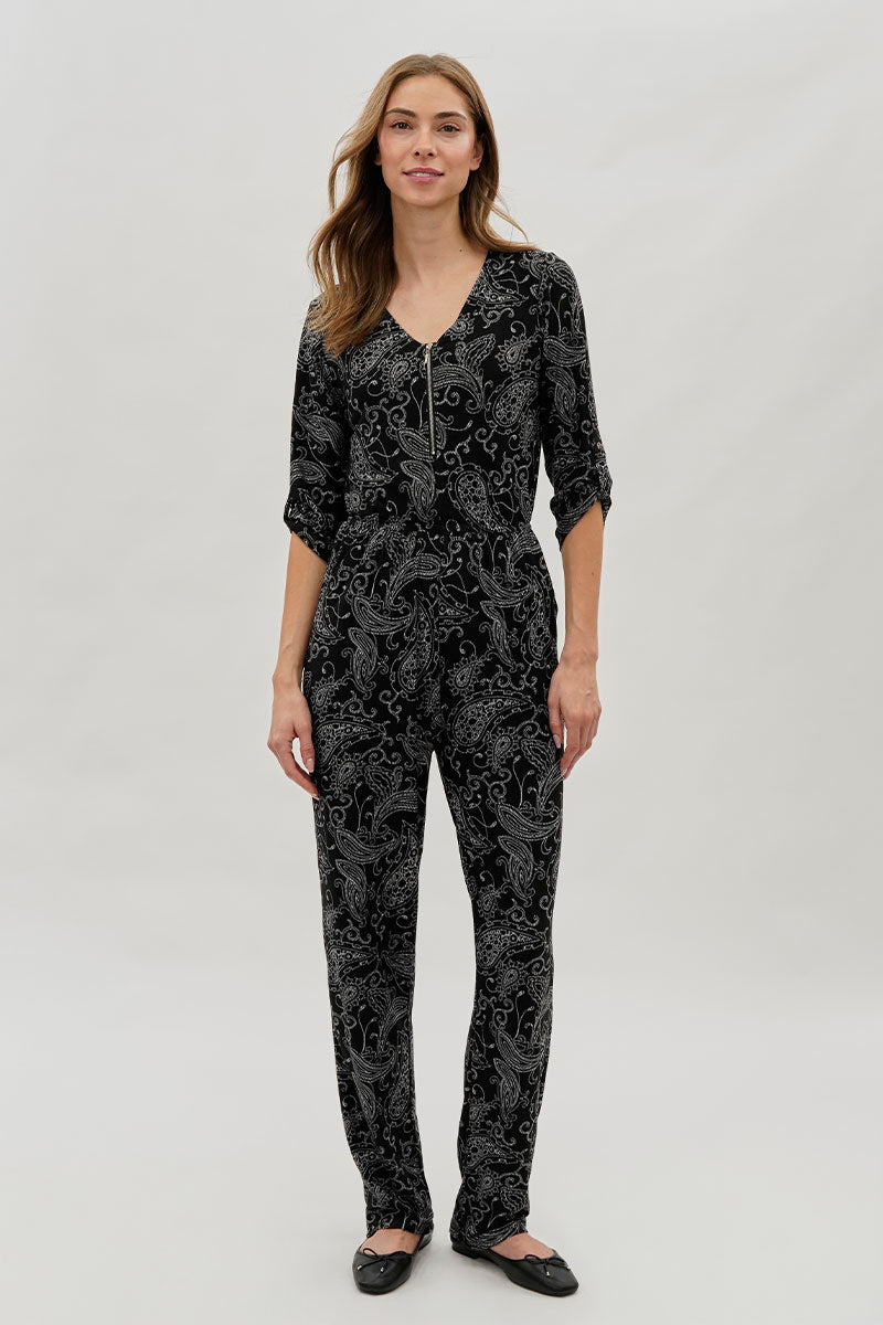 International INC Company Paisley Print Half Zip Jumpsuit - Black - Womens Jumpsuits & Rompers - Fairweather