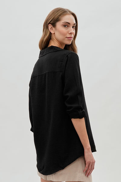 Super Triple Goose Vintage Textured Button Up Shirt - Black - Womens Shirts & Blouses - Fairweather