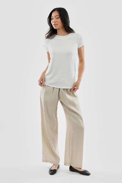 Beechers Brook Patterned Grommet Neck Detail Tee - White - Womens Tees & Tank Tops - Fairweather