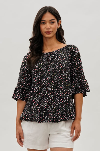 International INC Company Floral Ruffle Hem Blouse - Black - Womens Shirts & Blouses - Fairweather