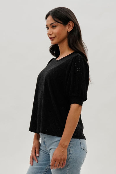 Beechers Brook Eyelet Detail Puff Sleeve Blouse - Black - Womens Shirts & Blouses - Fairweather