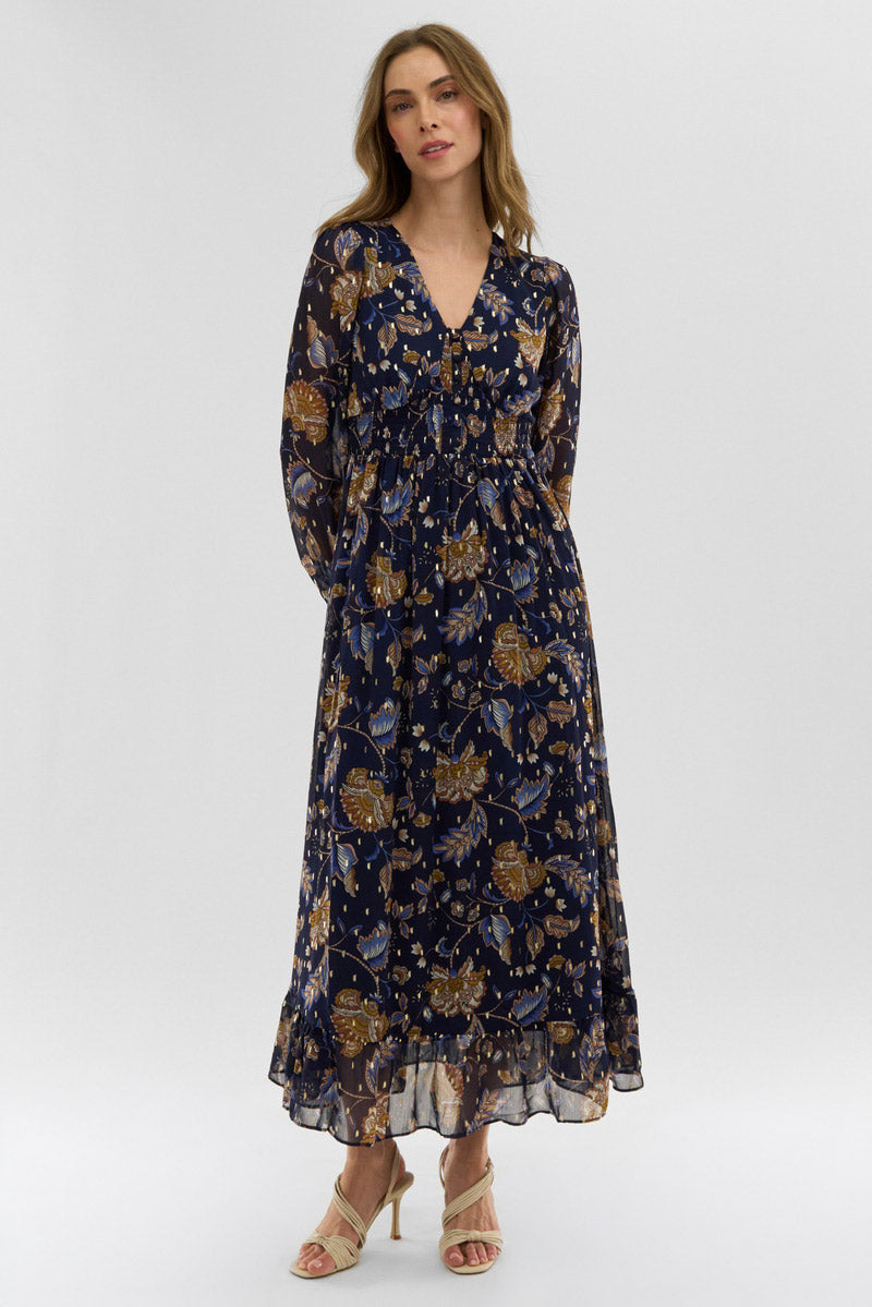 Costa Blanca Floral Long Sleeve Chiffon Maxi Dress - Navy - Womens Maxi Dresses - Fairweather