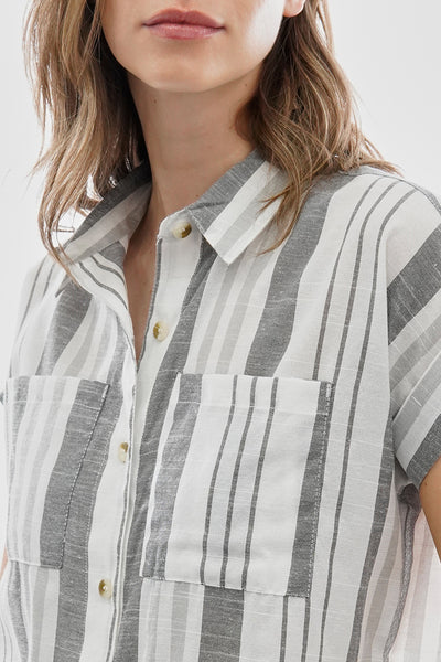 Beechers Brook Striped Button Up Short Sleeve Shirt - Grey - Womens Shirts & Blouses - Fairweather