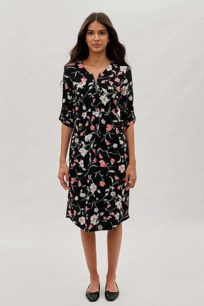 International INC Company Floral Front Zip Midi Dress - Black - Womens Midi Dresses - Fairweather