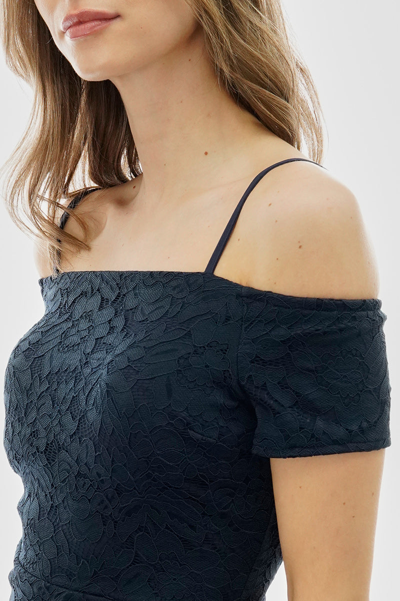 Costa Blanca Lace Off Shoulder Side Slit Cocktail Dress - Navy - Womens Cocktail Dresses - Fairweather