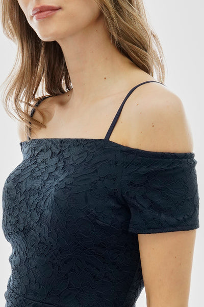 Costa Blanca Lace Off Shoulder Side Slit Cocktail Dress - Navy - Womens Cocktail Dresses - Fairweather