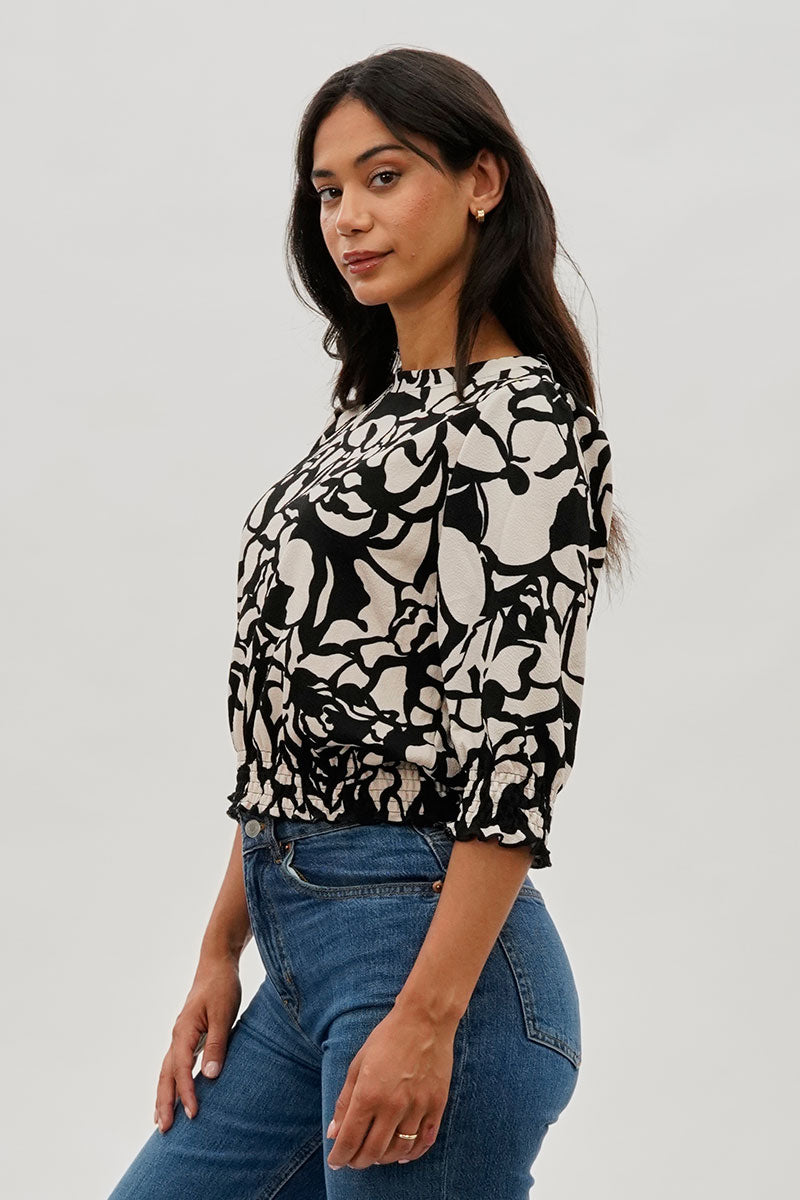 Runaway Bay Printed Smocked Hem Blouse - Black - Womens Shirts & Blouses - Fairweather