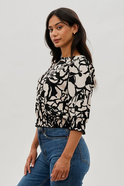 Runaway Bay Printed Smocked Hem Blouse - Black - Womens Shirts & Blouses - Fairweather