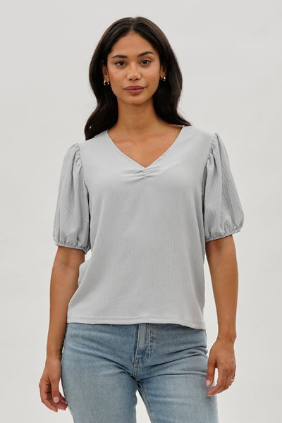Stylexchange Vintage Puff Sleeve V-Neck Blouse - Grey - Womens Shirts & Blouses - Fairweather