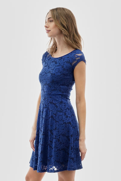 Costa Blanca Floral Lace Cap Sleeve Day Dress - Blue - Womens Day Dresses - Fairweather