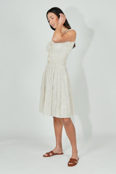 Impress Front Button Smocked Tiered Day Dress - Cream - Womens Day Dresses - Fairweather