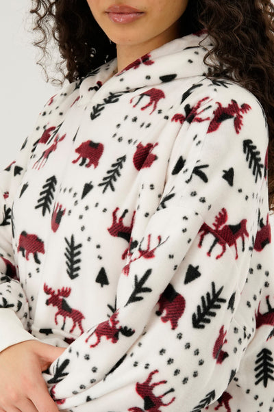 Canada Weather Gear Festive Print Oversided Hooded Pajama Top - White - Womens Pajamas - Fairweather