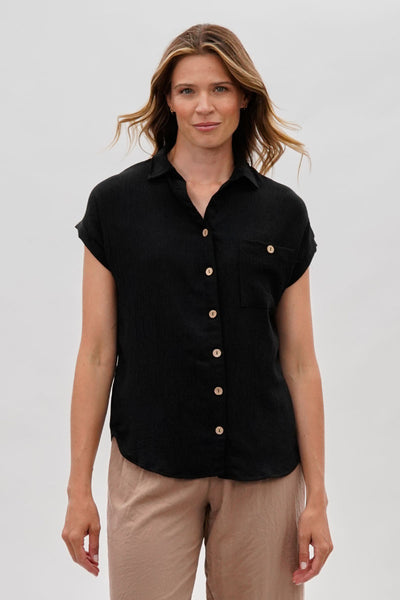 Sylexchange Vintage Short Sleeve Button Down Shirt - Black - Womens Shirts & Blouses - Fairweather