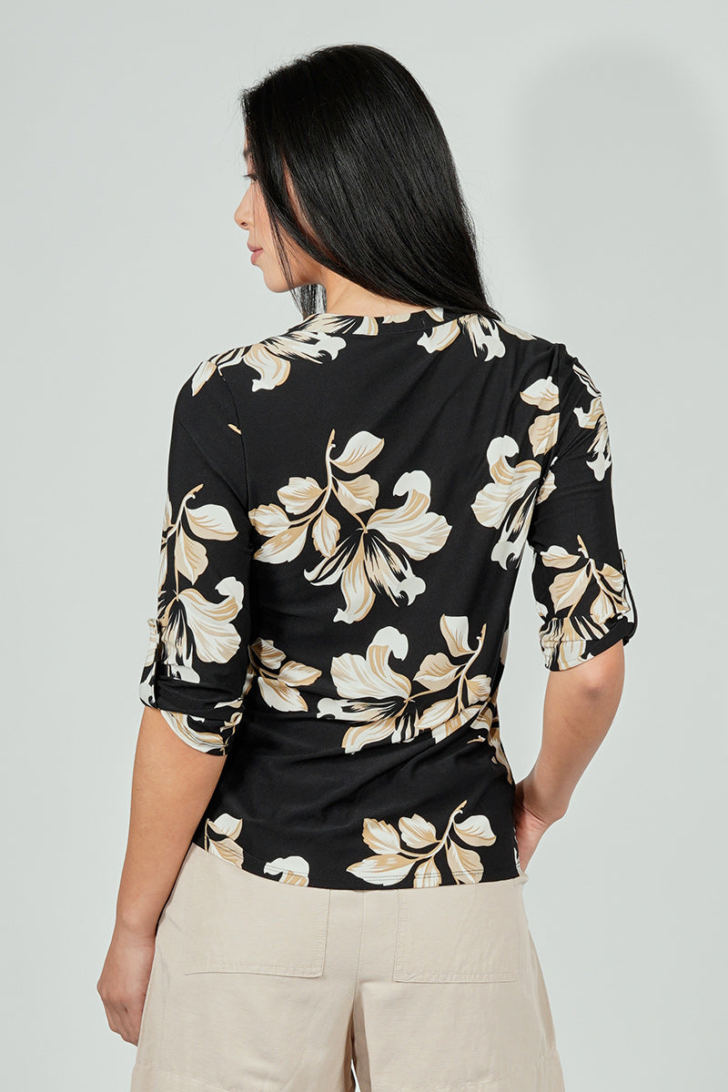 Beechers Brook Floral Roll Up Sleeve Half Zip Blouse - Black - Womens Shirts & Blouses - Fairweather