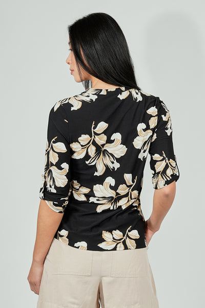 Beechers Brook Floral Roll Up Sleeve Half Zip Blouse - Black - Womens Shirts & Blouses - Fairweather