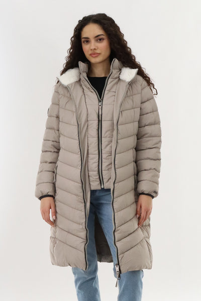 Canada Weather Gear Long Double Zip Chevron Quilted Parka Jacket - Beige - Womens Parka Jackets - Fairweather
